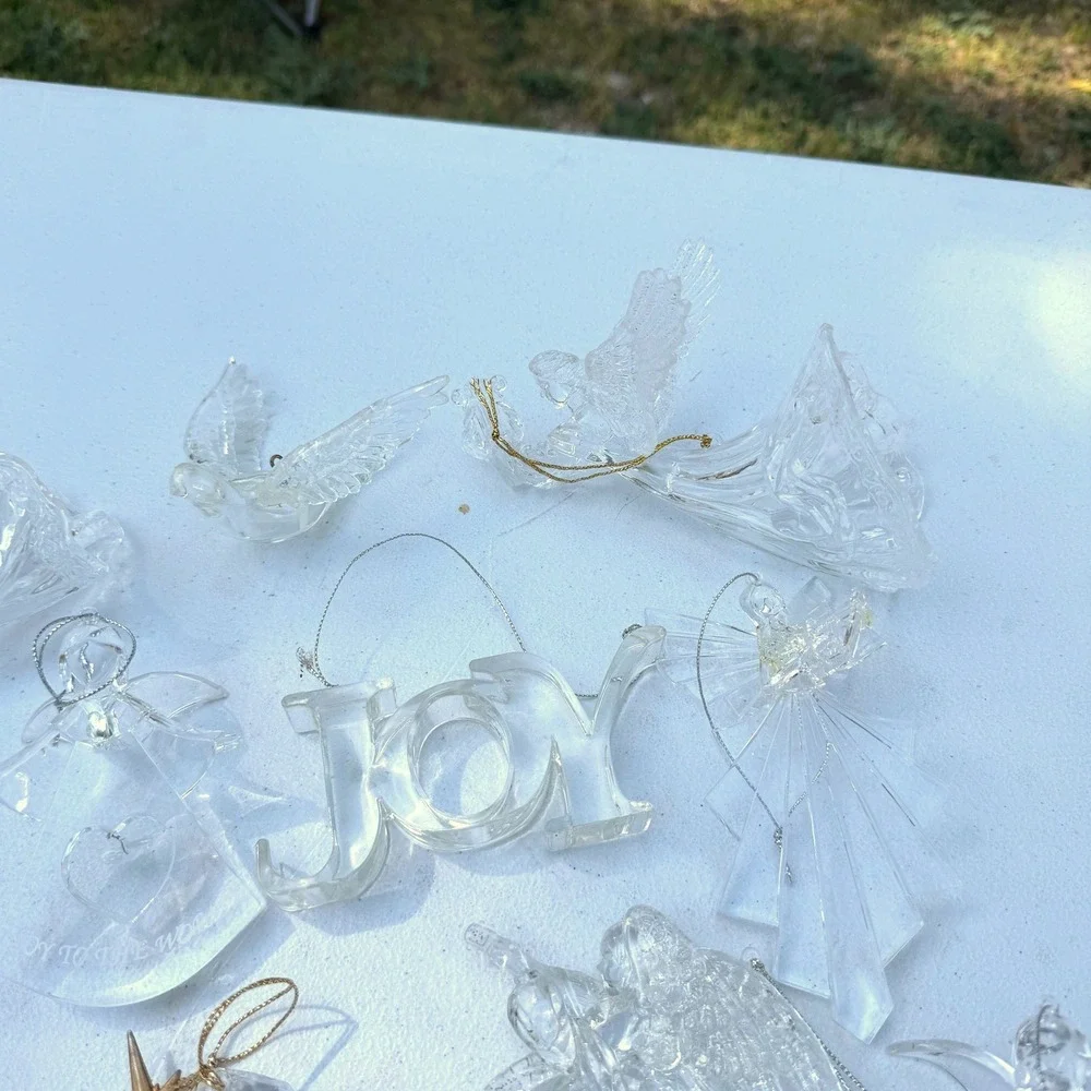 Christmas Ornament Lot 12pc Clear Acrylic Angels Joy Doves Clear